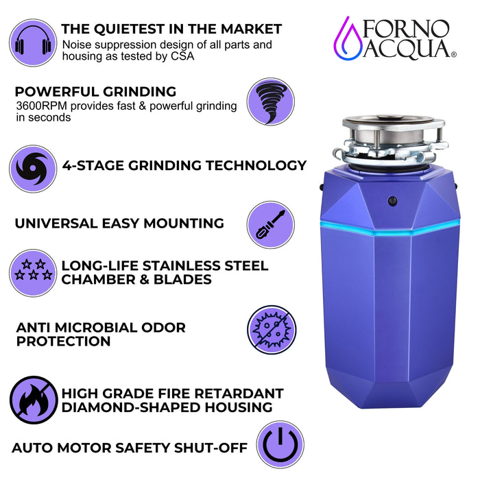 Forno Acqua BrightDiamond Super Quiet Garbage Disposal Corded with Motion Sensor Cabinet Light & Pre-Wired Air Switch - 3/4 HP or 1HP (WDD075TA)