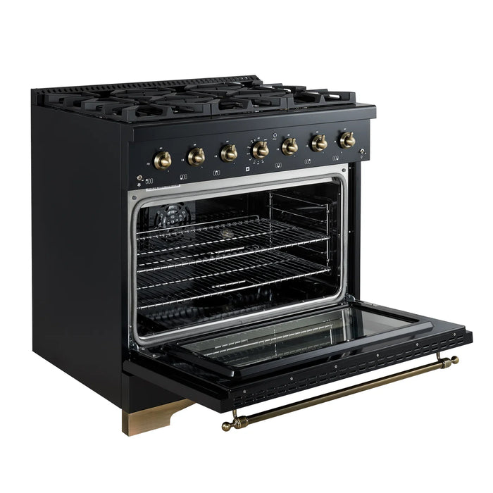 Forno Antico 36" Gas Range with 6 Burners - Black or White, Antique Brass Accents