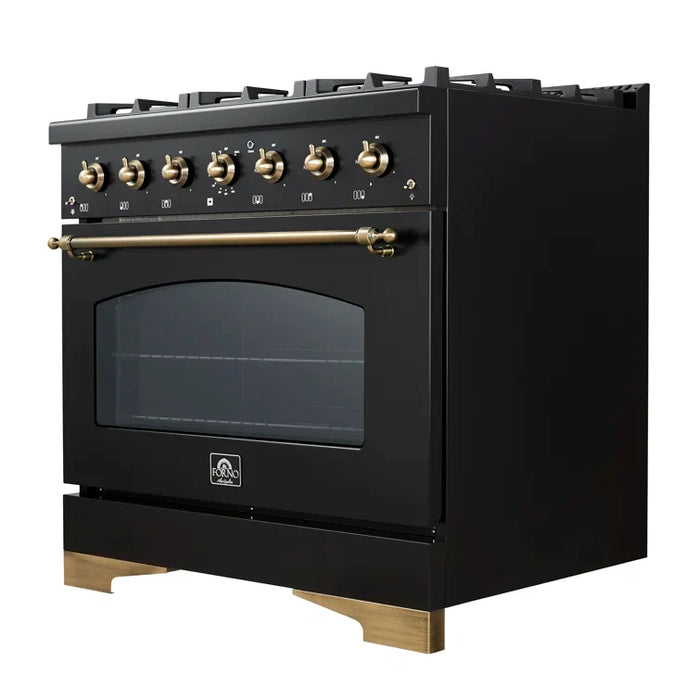 Forno Antico 36" Dual Fuel Range with 6 Burners - Black or White, Antique Brass Accents