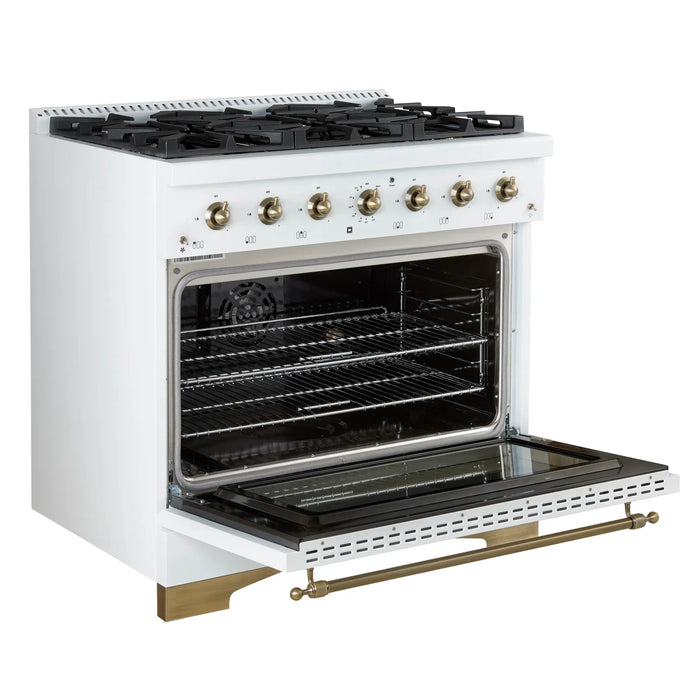 Forno Antico 36" Gas Range with 6 Burners - Black or White, Antique Brass Accents
