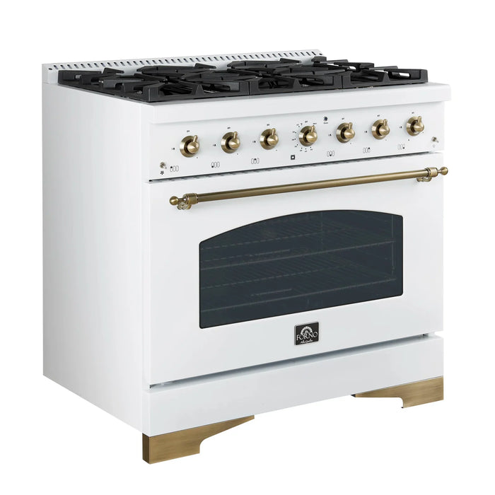 Forno Antico 36" Dual Fuel Range with 6 Burners - Black or White, Antique Brass Accents