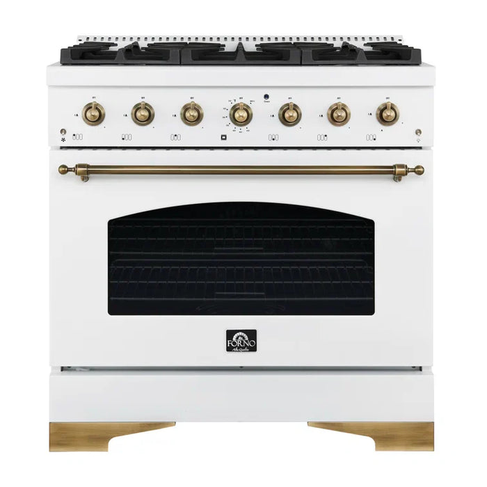 Forno Antico 36" Dual Fuel Range with 6 Burners - Black or White, Antique Brass Accents