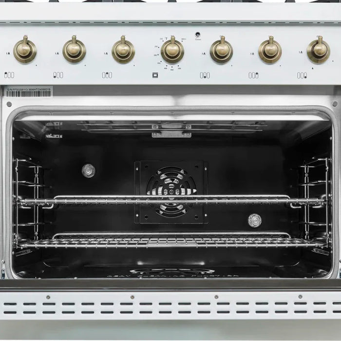 Forno Antico 36" Dual Fuel Range with 6 Burners - Black or White, Antique Brass Accents