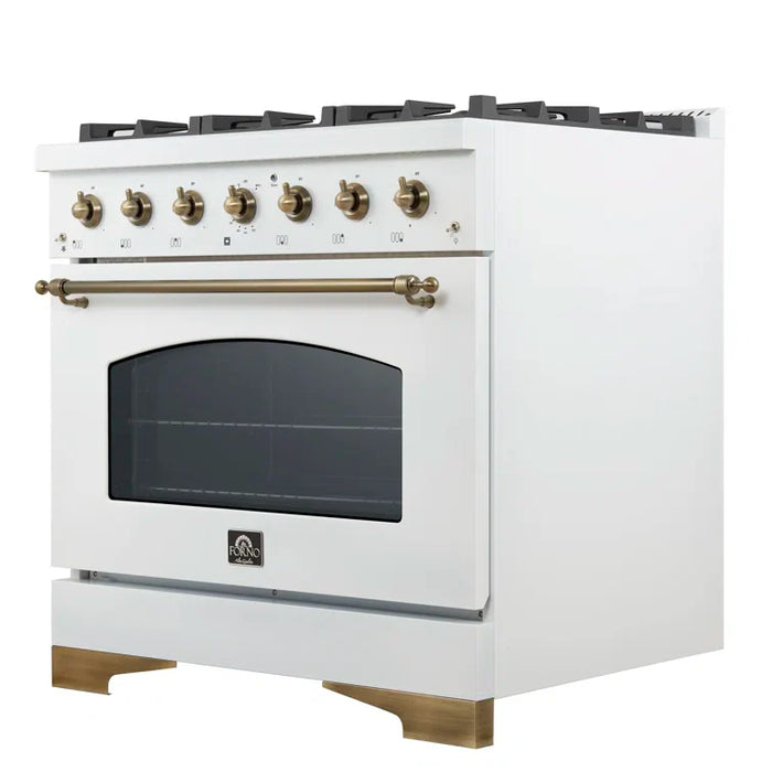 Forno Antico 36" Dual Fuel Range with 6 Burners - Black or White, Antique Brass Accents