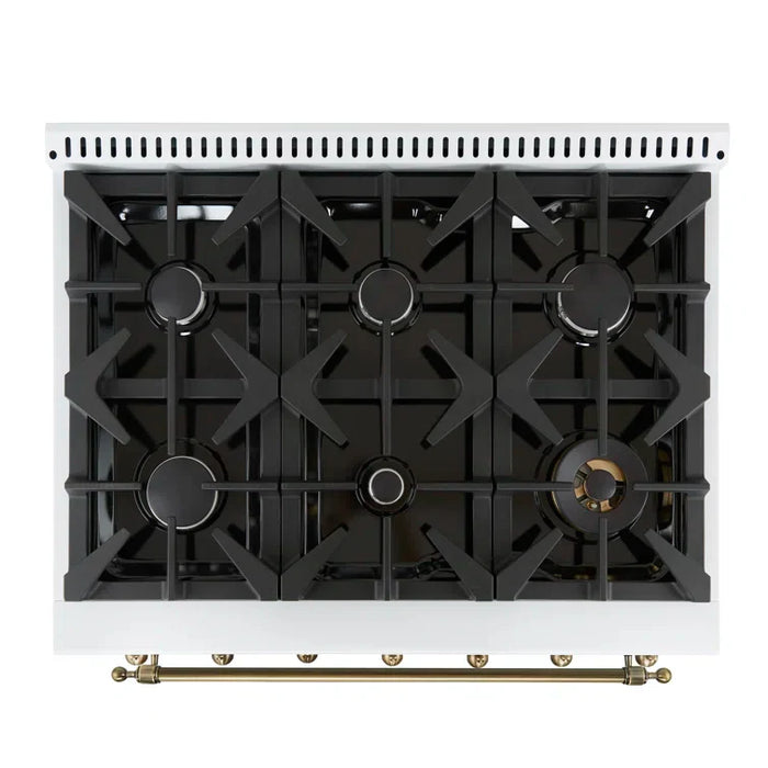Forno Antico 36" Gas Range with 6 Burners - Black or White, Antique Brass Accents