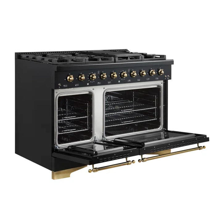 Forno Antico 48" Dual Fuel Range with 8 Burners and Griddle - Black or White, Antique Brass Accents