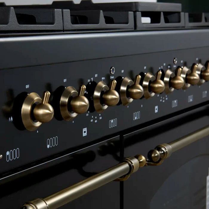 Forno Antico 48" Dual Fuel Range with 8 Burners and Griddle - Black or White, Antique Brass Accents