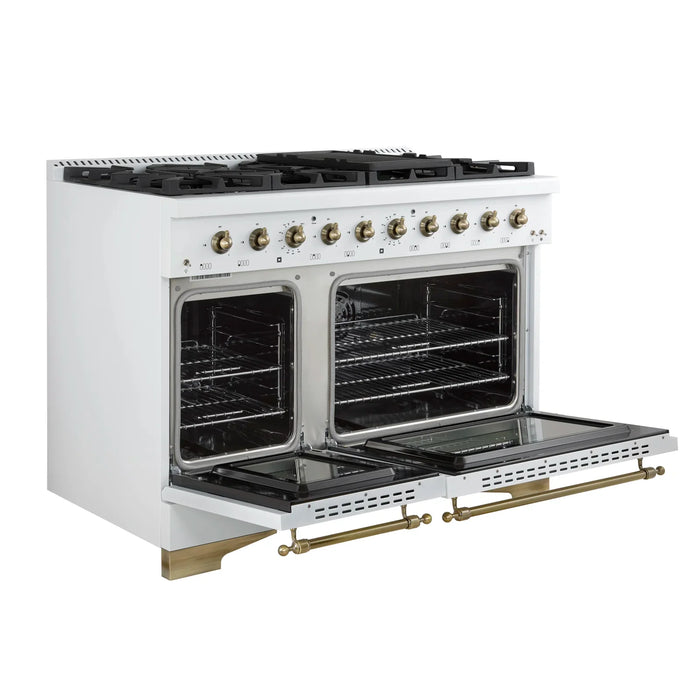 Forno Antico 48" Dual Fuel Range with 8 Burners and Griddle - Black or White, Antique Brass Accents