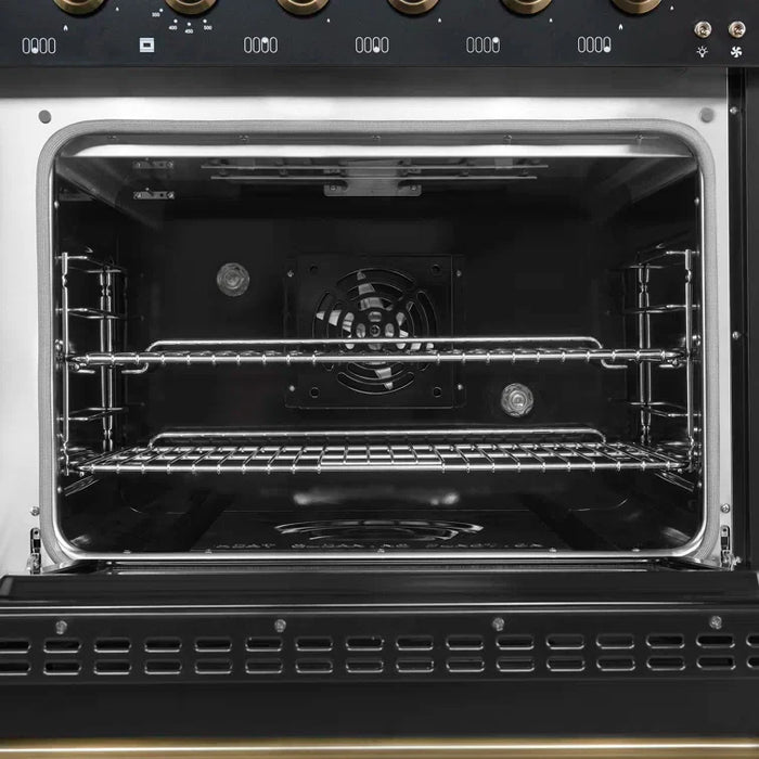 Forno Antico 48" Dual Fuel Range with 8 Burners and Griddle - Black or White, Antique Brass Accents