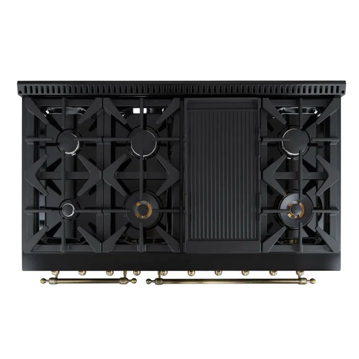 Forno Antico 48" Dual Fuel Range with 8 Burners and Griddle - Black or White, Antique Brass Accents