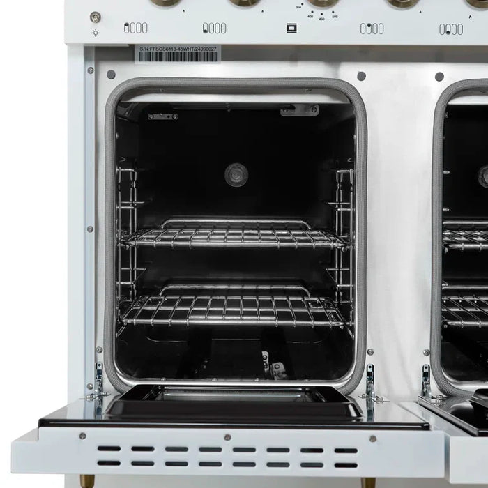 Forno Antico 48" Dual Fuel Range with 8 Burners and Griddle - Black or White, Antique Brass Accents