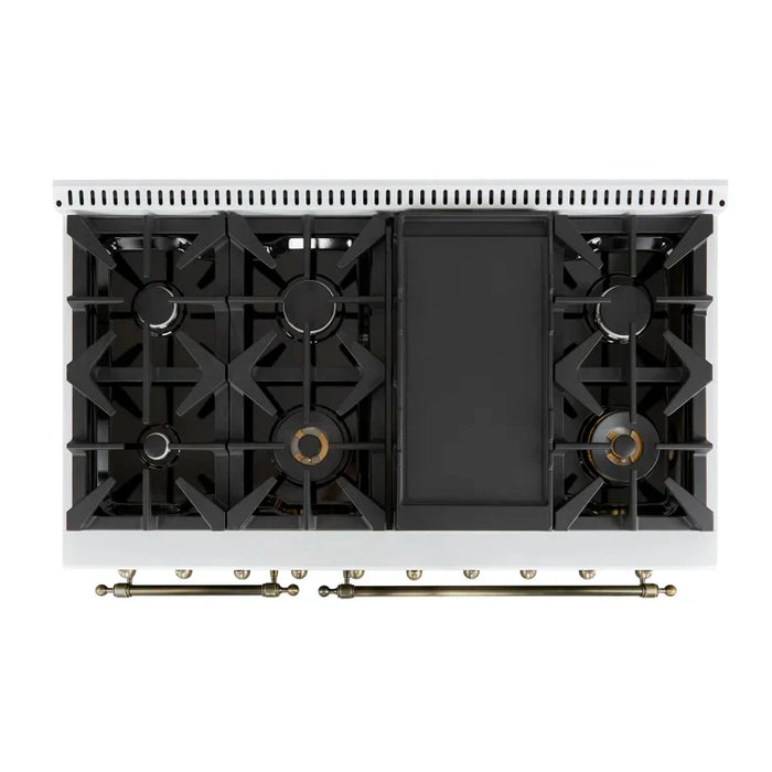 Forno Antico 48" Dual Fuel Range with 8 Burners and Griddle - Black or White, Antique Brass Accents