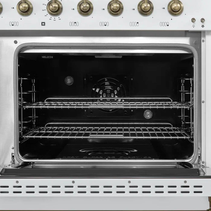Forno Antico 48" Dual Fuel Range with 8 Burners and Griddle - Black or White, Antique Brass Accents