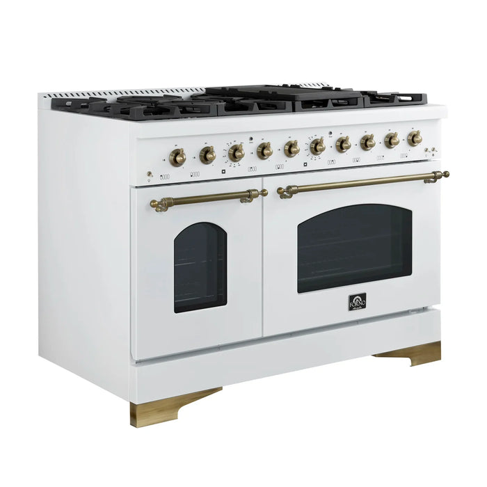Forno Antico 48" Dual Fuel Range with 8 Burners and Griddle - Black or White, Antique Brass Accents