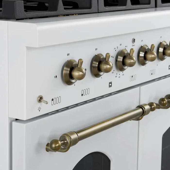 Forno Antico 48" Dual Fuel Range with 8 Burners and Griddle - Black or White, Antique Brass Accents