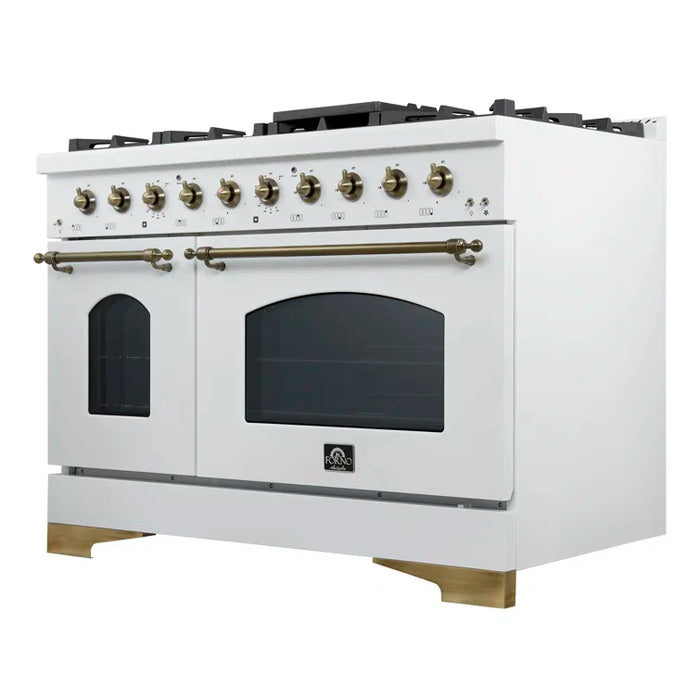 Forno Antico 48" Dual Fuel Range with 8 Burners and Griddle - Black or White, Antique Brass Accents
