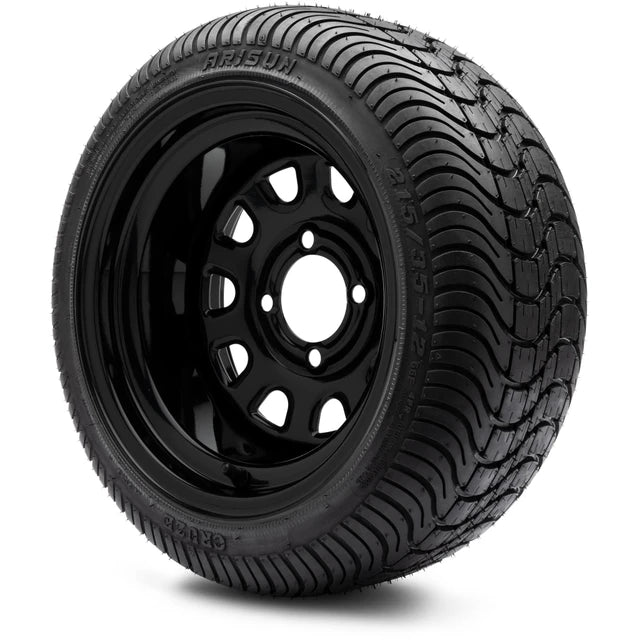 MODZ 12" Steel D-Window Glossy Black Wheels & Street Tires Combo