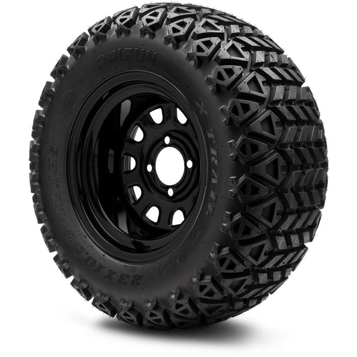 MODZ® 12" Steel D-Window Glossy Black Wheels & Off-Road Tires Combo