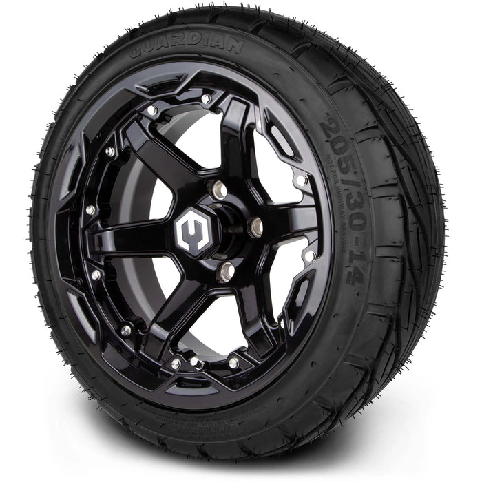 MODZ 14" Gladiator Glossy Black Wheels and Street Tires Combo