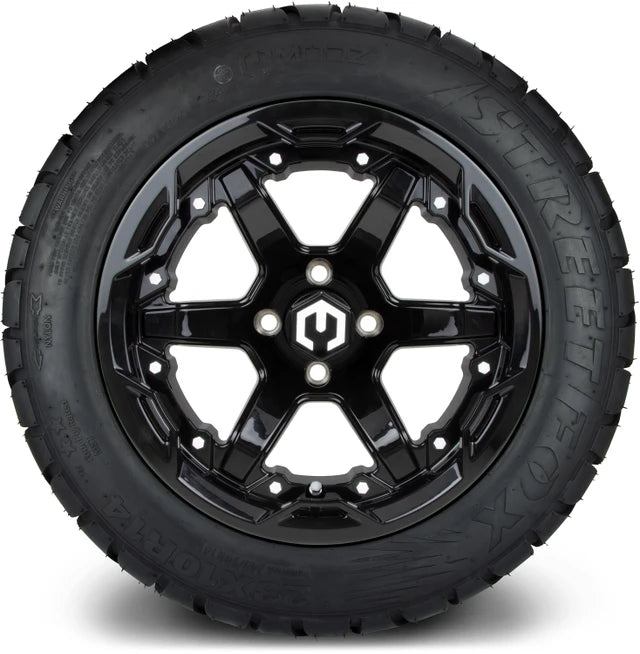 MODZ 14" Gladiator Glossy Black Wheels and Street Tires Combo