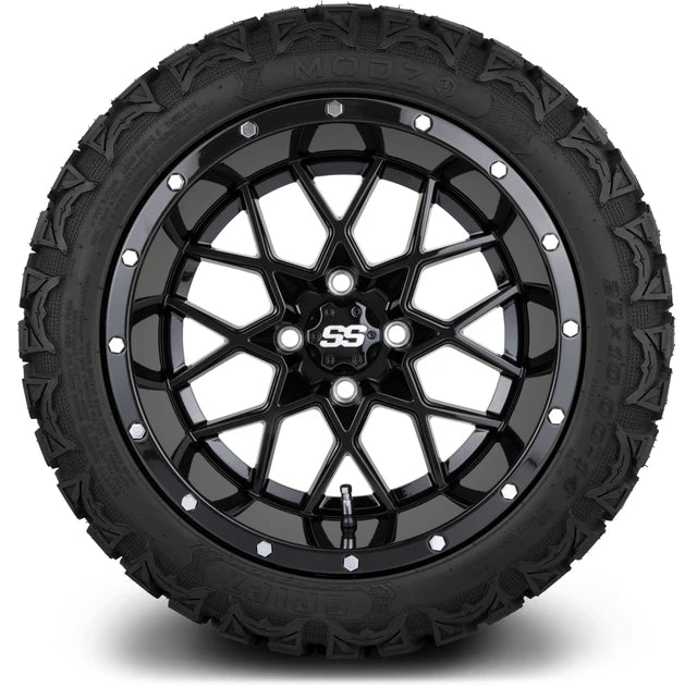 MODZ 14" Vortex Glossy Black Wheels & Off-Road Tires Combo
