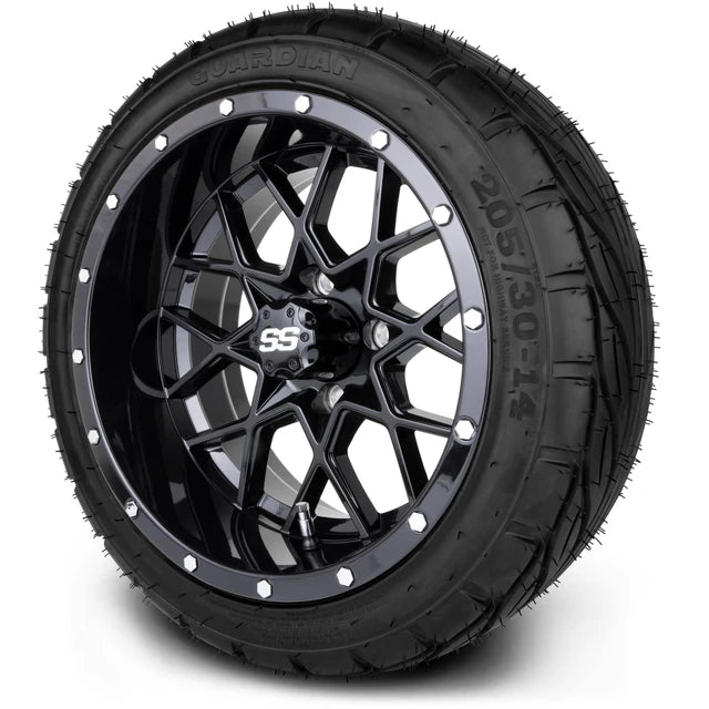 MODZ 14" Vortex Glossy Black Wheels & Street Tires Combo