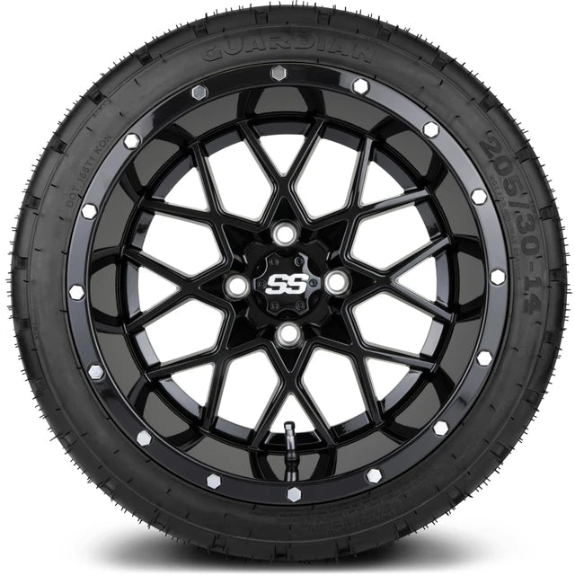 MODZ 14" Vortex Glossy Black Wheels & Street Tires Combo