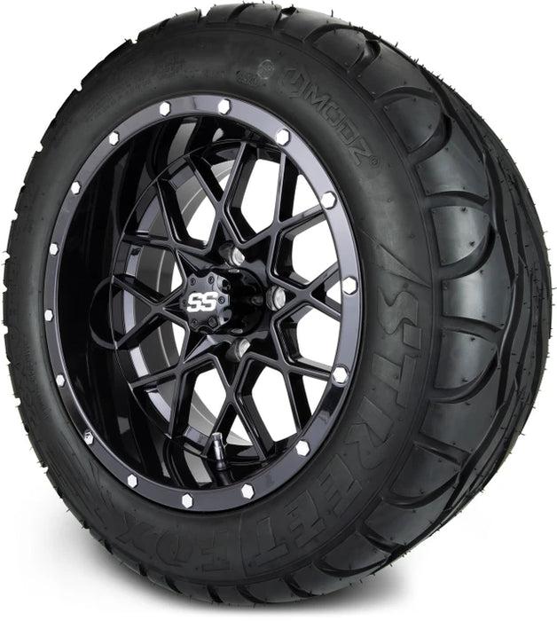 MODZ 14" Vortex Glossy Black Wheels & Street Tires Combo