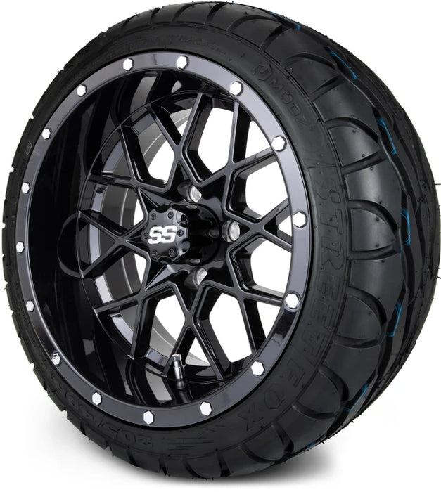 MODZ 14" Vortex Glossy Black Wheels & Street Tires Combo