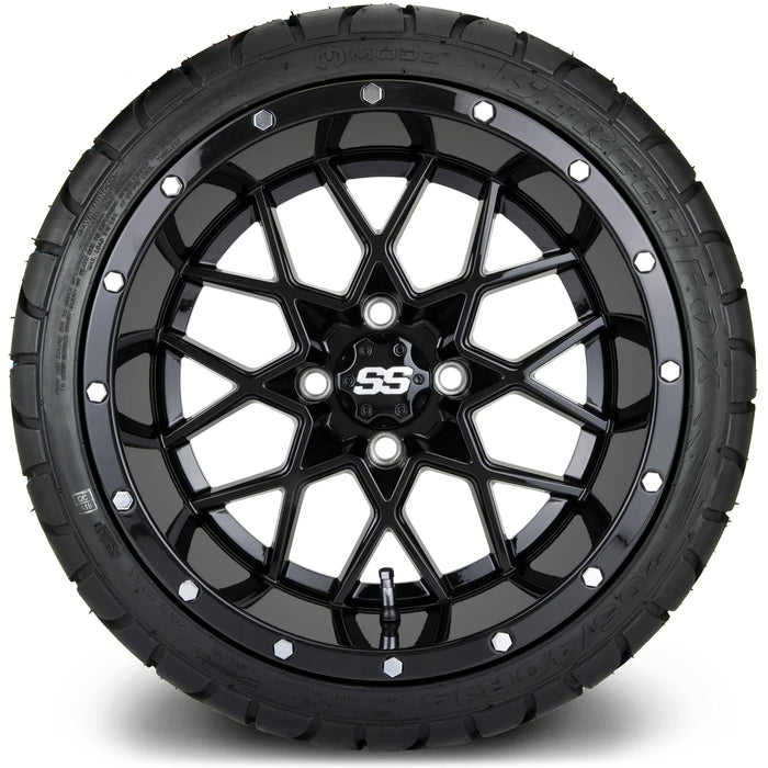 MODZ 14" Vortex Glossy Black Wheels & Street Tires Combo
