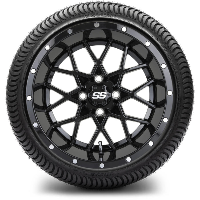MODZ 14" Vortex Glossy Black Wheels & Street Tires Combo