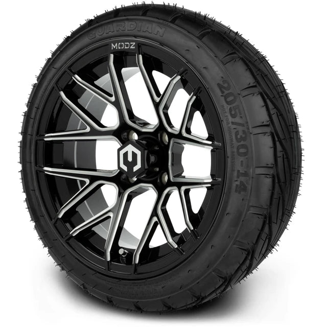 MODZ 14" Matrix Glossy Black Ball Mill Wheels & Street Tires Combo
