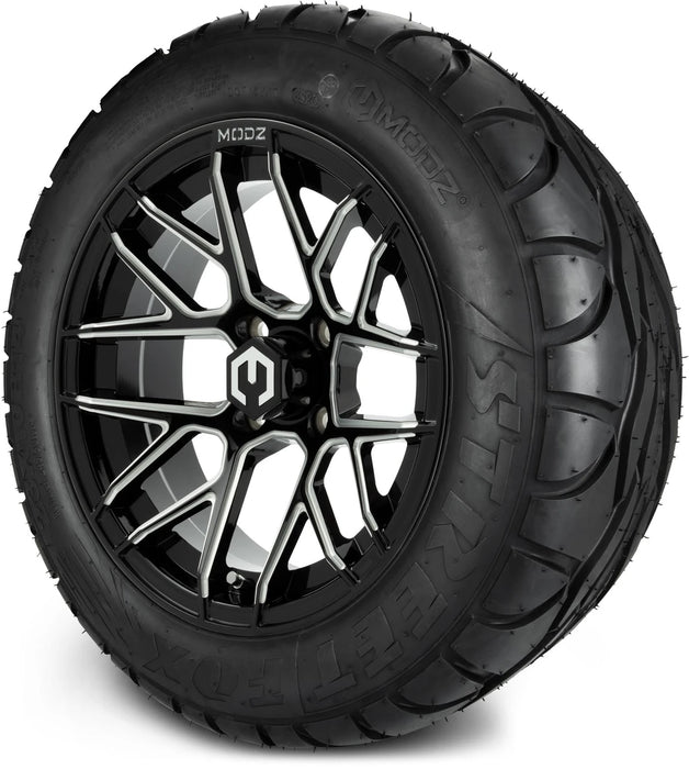 MODZ 14" Matrix Glossy Black Ball Mill Wheels & Street Tires Combo