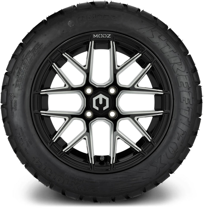 MODZ 14" Matrix Glossy Black Ball Mill Wheels & Street Tires Combo