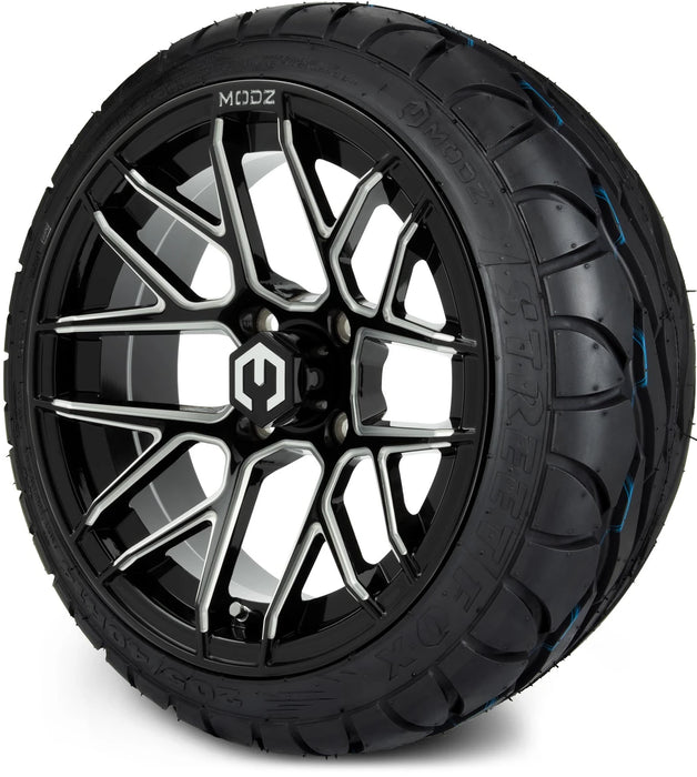 MODZ 14" Matrix Glossy Black Ball Mill Wheels & Street Tires Combo