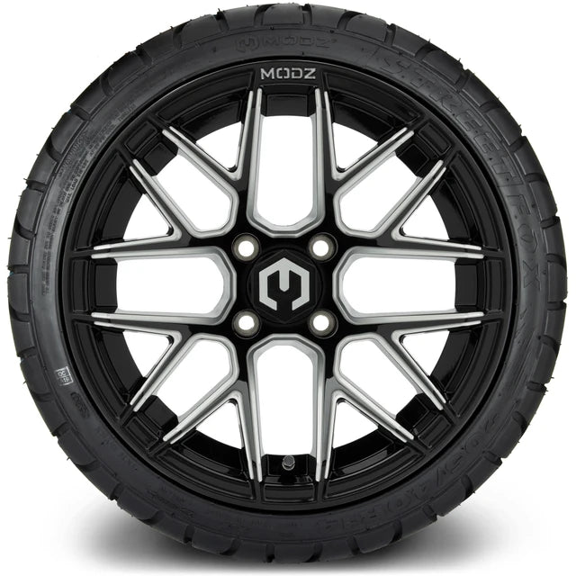 MODZ 14" Matrix Glossy Black Ball Mill Wheels & Street Tires Combo