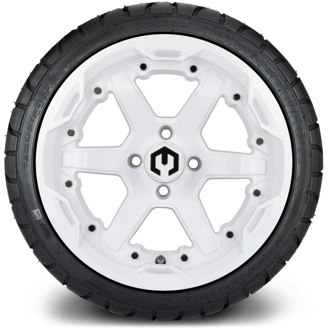 MODZ 14" Gladiator Glossy White Wheels and Street Tires Combo