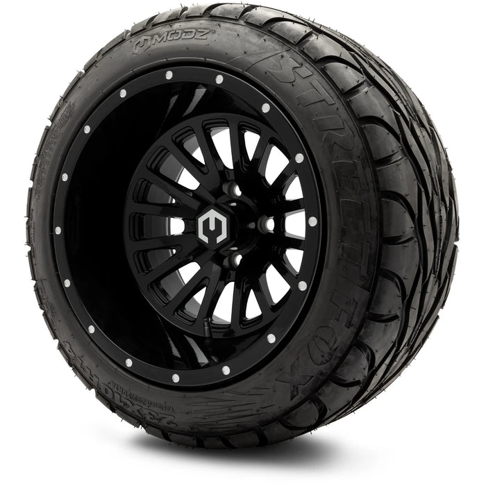 MODZ 14" Assassin Glossy Black Wheels & Street Tires Combo