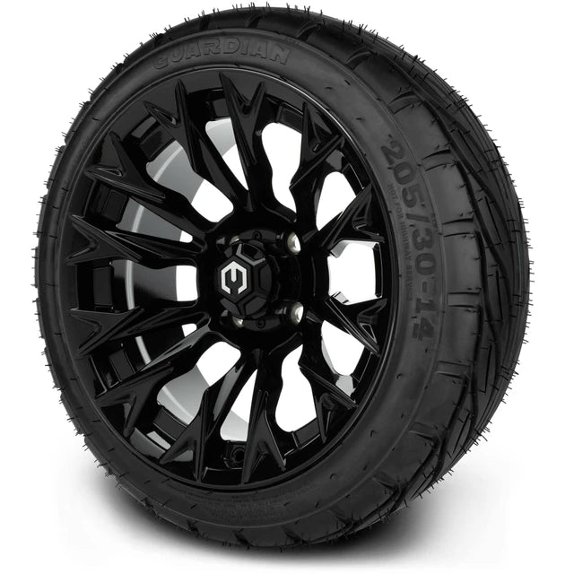 MODZ 14" Falcon Glossy Black Wheels & Street Tires Combo