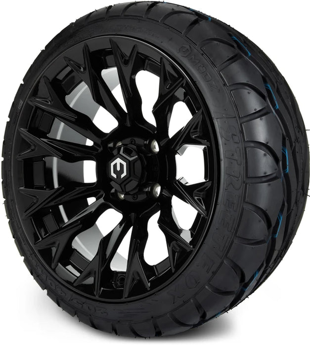 MODZ 14" Falcon Glossy Black Wheels & Street Tires Combo