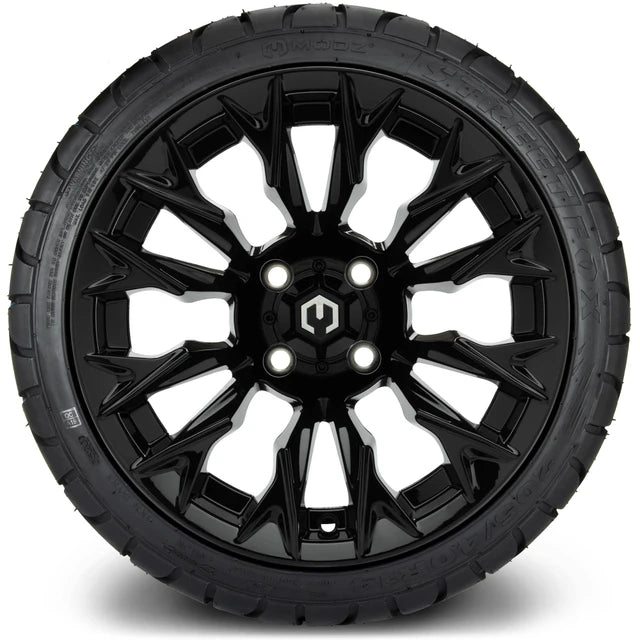 MODZ 14" Falcon Glossy Black Wheels & Street Tires Combo