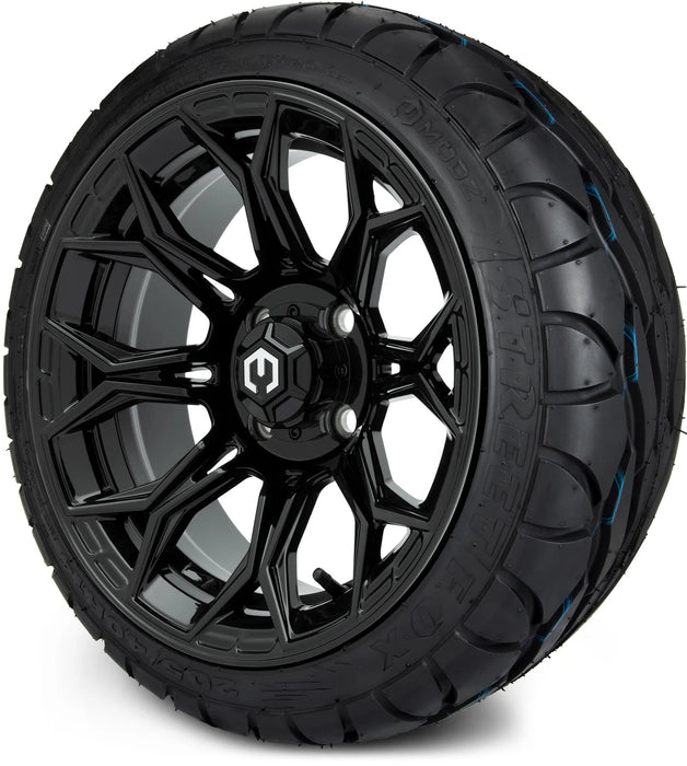 MODZ 14" Halo Glossy Black Wheels & Street Tires Combo