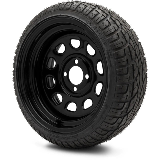 MODZ 14" Steel D-Window Glossy Black Wheels & Street Tires Combo