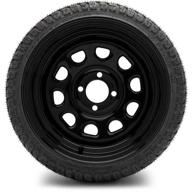 MODZ 14" Steel D-Window Glossy Black Wheels & Street Tires Combo