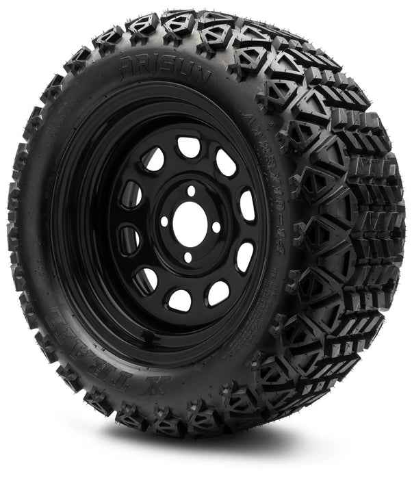 MODZ 14" Steel D-Window Glossy Black Wheels & Off-Road Tires Combo