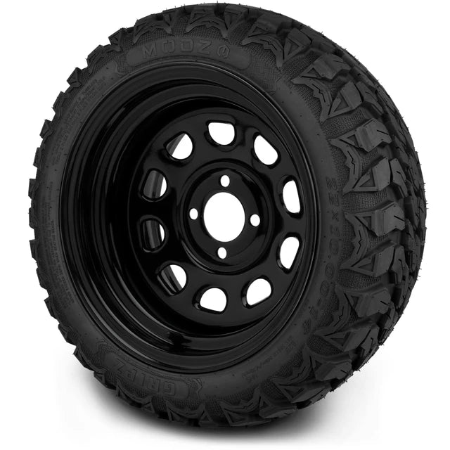MODZ 14" Steel D-Window Glossy Black Wheels & Off-Road Tires Combo