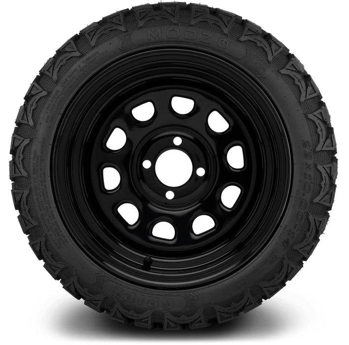 MODZ 14" Steel D-Window Glossy Black Wheels & Off-Road Tires Combo