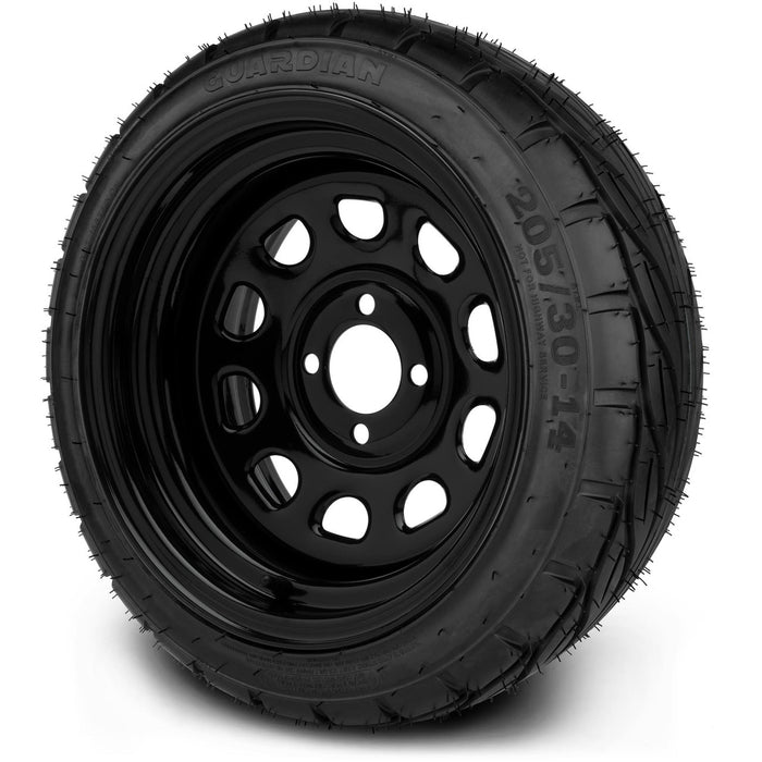 MODZ 14" Steel D-Window Glossy Black Wheels & Street Tires Combo