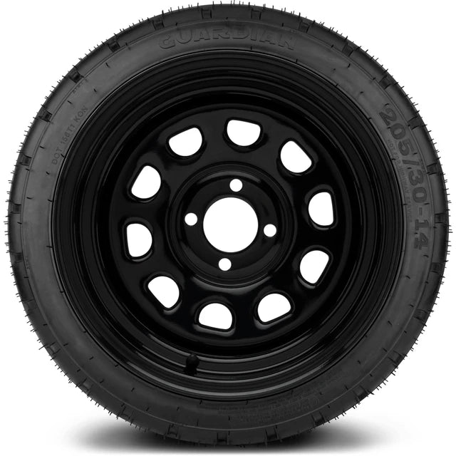 MODZ 14" Steel D-Window Glossy Black Wheels & Street Tires Combo