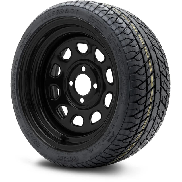 MODZ 14" Steel D-Window Glossy Black Wheels & Street Tires Combo